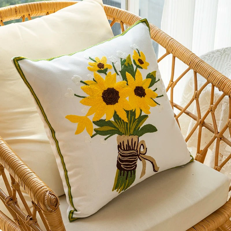 Embroidered Sunflower Cushion Covers